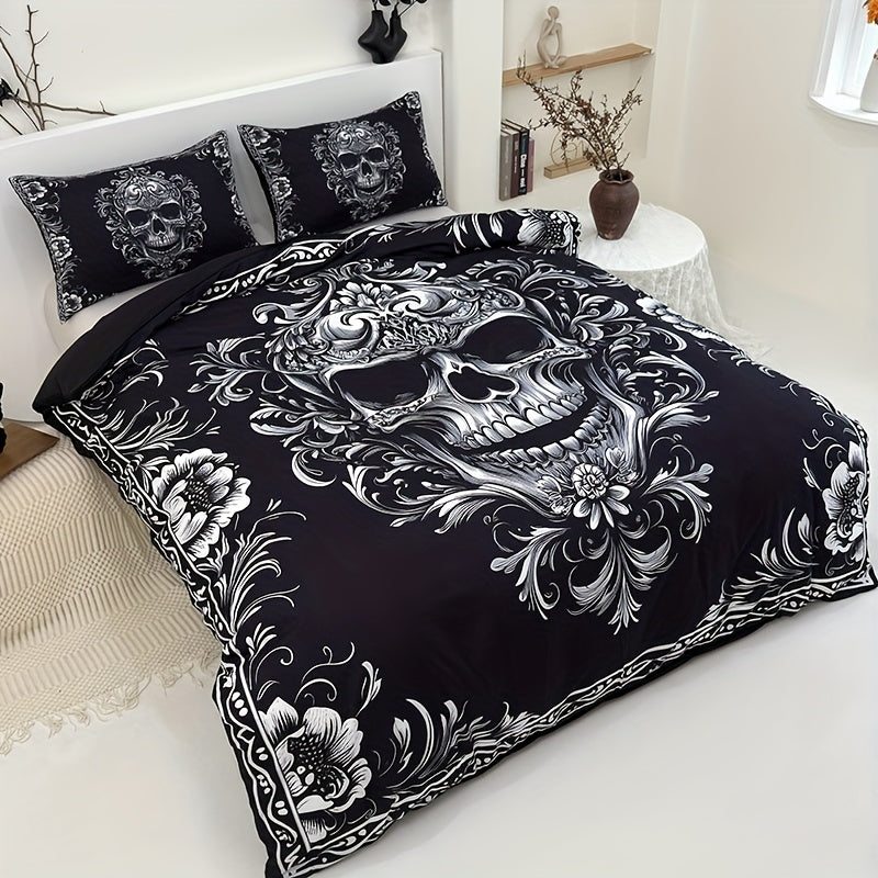 3pcs Black And White Design Skull Victoria Baroque Gothic Duvet Cover Set (1 Duvet Cover+2 Pillowcases Without Pillow Core), At Home Dormitory High Definition Numerical Code Printing Queen King Size