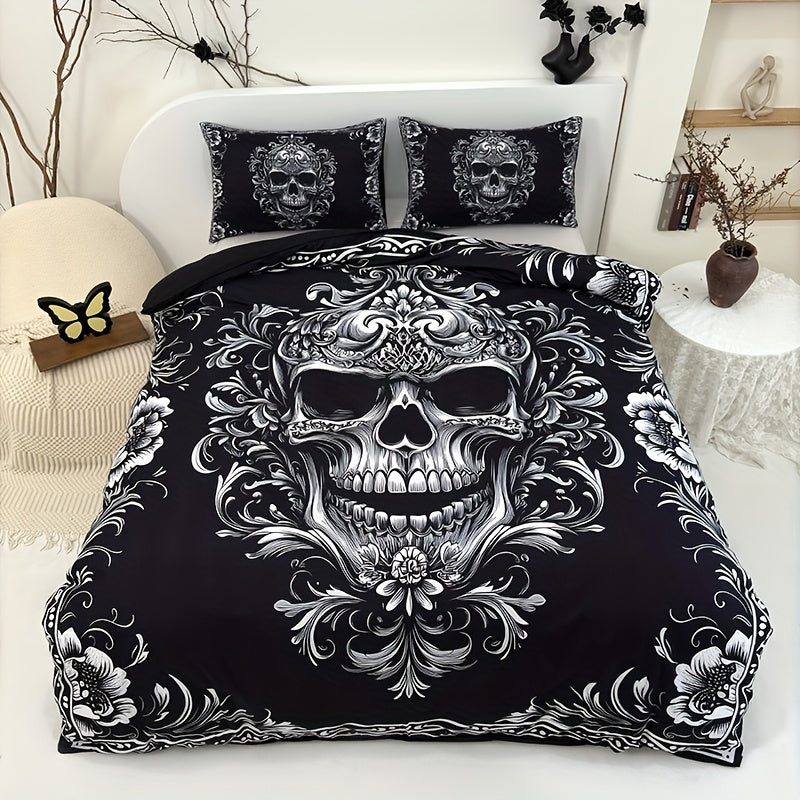 3pcs Black And White Design Skull Victoria Baroque Gothic Duvet Cover Set (1 Duvet Cover+2 Pillowcases Without Pillow Core), At Home Dormitory High Definition Numerical Code Printing Queen King Size