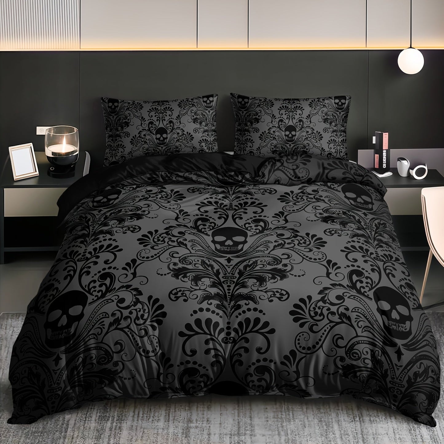 3pcs Black Gray Design Skull Victoria Baroque Gothic Duvet Cover Set (1 Duvet Cover+2 Pillowcases Without Pillow Core), At Home Dormitory High Definition Numerical Code Printing Queen King Size