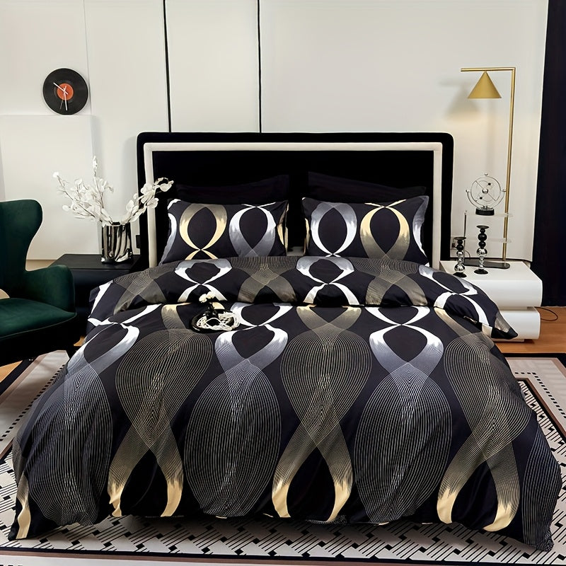 2pcs/3pcs Simple Yellow And White Geometry Arc Texture Printing Duvet Cover Set (1 Duvet Cover+2 Pillowcases Without Pillow Core), At Home Dormitory Queen King Size Room Decor
