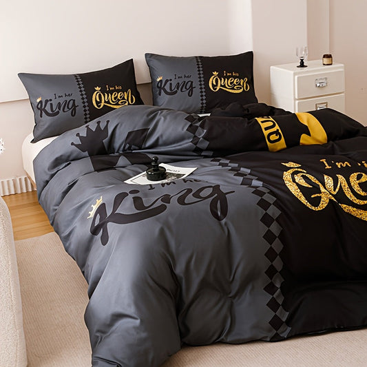 3pcs Super Soft Breathable Black Grey Crown Letter Duvet Cover Set (1 Duvet Cover+2 Pillowcases Without Pillow Core), At Home Dormitory High Definition Numerical Code Printing for Bedroom, Guest Room Valentine's Day Gift