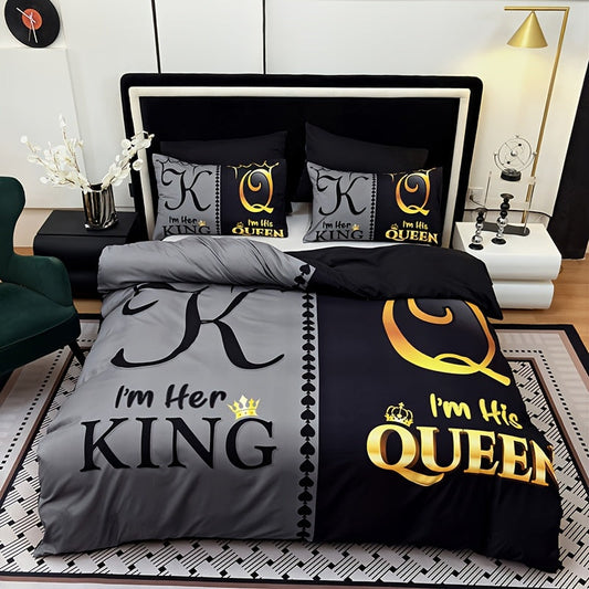 3pcs Super Soft Breathable Black Grey Color Blocking Crown Letter Duvet Cover Set (1 Duvet Cover+2 Pillowcases Without Pillow Core), At Home Dormitory High Definition Numerical Code Printing Queen King Size
