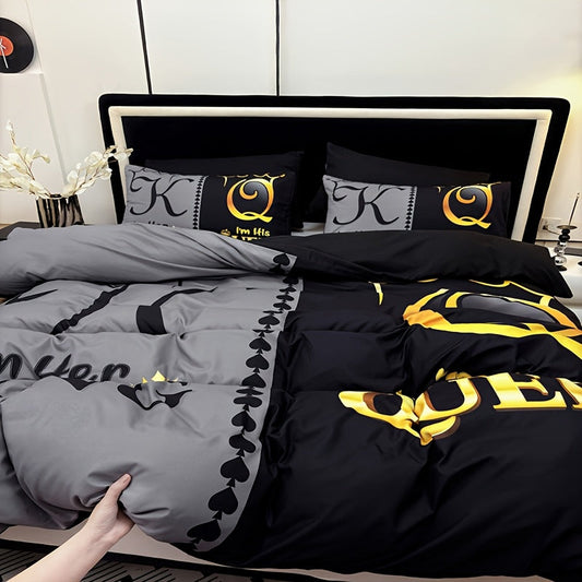 3pcs Super Soft Breathable Black Grey Color Blocking Crown Letter Duvet Cover Set (1 Duvet Cover+2 Pillowcases Without Pillow Core), At Home Dormitory High Definition Numerical Code Printing Queen King Size