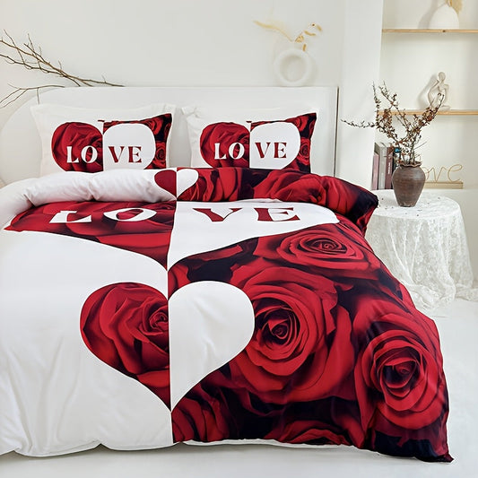 3pcs Red And White Love Heart Duvet Cover Set(1 Duvet Cover+2 Pillowcases Without Pillow Core), Bedroom Domitory High Definition Digital Printing Room Decor Mothers Day Gift