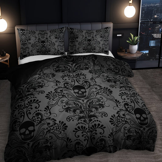 3pcs Black Gray Design Skull Victoria Baroque Gothic Duvet Cover Set (1 Duvet Cover+2 Pillowcases Without Pillow Core), At Home Dormitory High Definition Numerical Code Printing Queen King Size