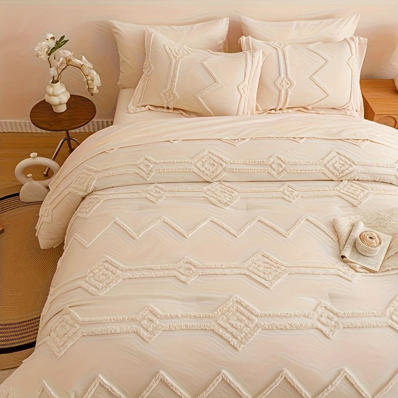 3pcs Light Luxury Simple Geometry Plaid Cut Flowers Quilt Cover Set (1 Duvet Cover +2 Pillowcase Without Pillow Core), Bedroom Dormitory Soft Ventilat For All Season