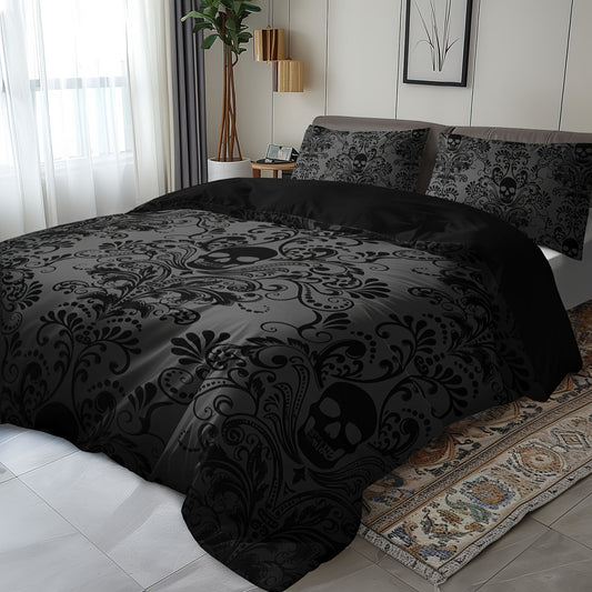 3pcs Black Gray Design Skull Victoria Baroque Gothic Duvet Cover Set (1 Duvet Cover+2 Pillowcases Without Pillow Core), At Home Dormitory High Definition Numerical Code Printing Queen King Size