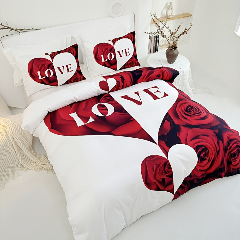 3pcs Red And White Love Heart Duvet Cover Set(1 Duvet Cover+2 Pillowcases Without Pillow Core), Bedroom Domitory High Definition Digital Printing Room Decor Mothers Day Gift