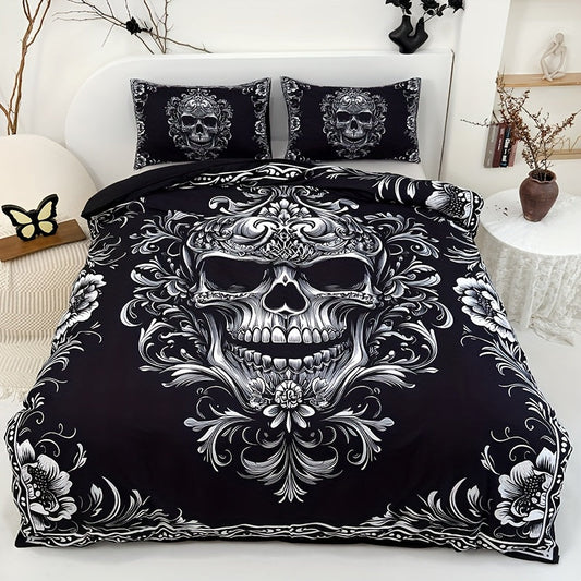 3pcs Black And White Design Skull Victoria Baroque Gothic Duvet Cover Set (1 Duvet Cover+2 Pillowcases Without Pillow Core), At Home Dormitory High Definition Numerical Code Printing Queen King Size