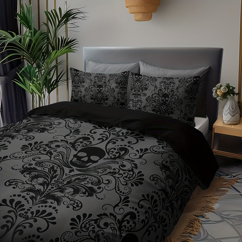 3pcs Black Gray Design Skull Victoria Baroque Gothic Duvet Cover Set (1 Duvet Cover+2 Pillowcases Without Pillow Core), At Home Dormitory High Definition Numerical Code Printing Queen King Size