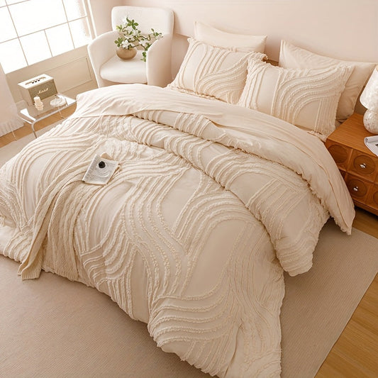 3pcs Light Luxury Simple Geometry Plaid Cut Flowers Quilt Cover Set (1 Duvet Cover +2 Pillowcase Without Pillow Core), Bedroom Dormitory Soft Ventilat For All Season