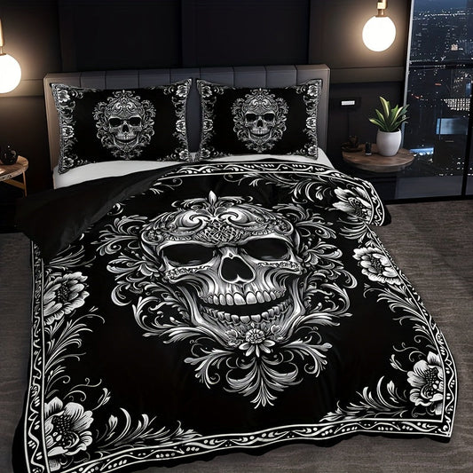 3pcs Black And White Design Skull Victoria Baroque Gothic Duvet Cover Set (1 Duvet Cover+2 Pillowcases Without Pillow Core), At Home Dormitory High Definition Numerical Code Printing Queen King Size