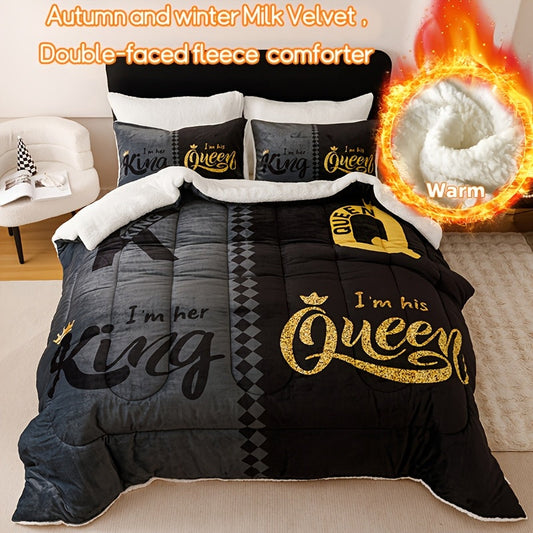 3pcs Winter Keep Warm Thickening Super Soft Velvet Type Black Grey Crown Letter 220g Milk Velvet Quilt Set (1 Quilt+2 Pillowcase Without Pillow Core), Bedroom Dormitory Quilting Soft And Breathable