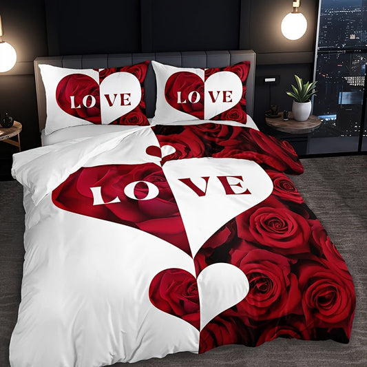 3pcs Red And White Love Heart Duvet Cover Set(1 Duvet Cover+2 Pillowcases Without Pillow Core), Bedroom Domitory High Definition Digital Printing Room Decor Mothers Day Gift