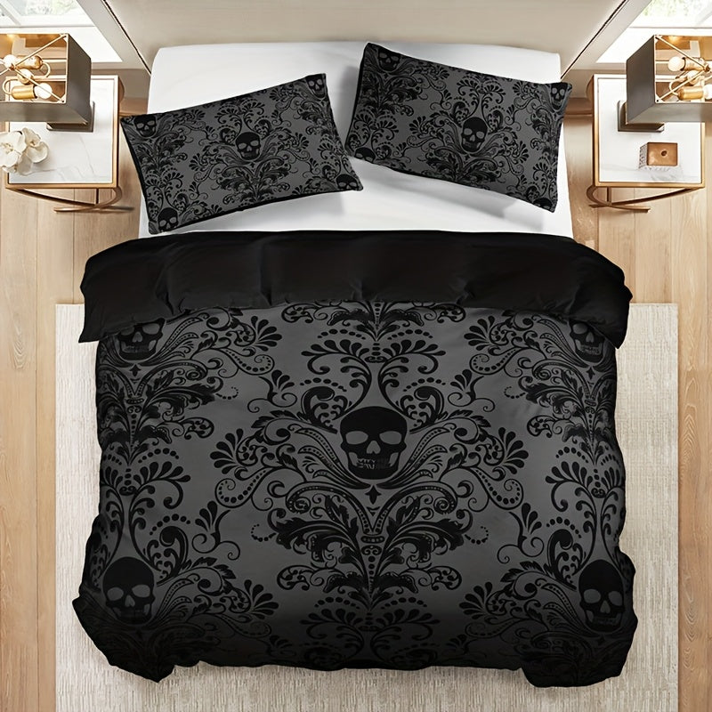 3pcs Black Gray Design Skull Victoria Baroque Gothic Duvet Cover Set (1 Duvet Cover+2 Pillowcases Without Pillow Core), At Home Dormitory High Definition Numerical Code Printing Queen King Size